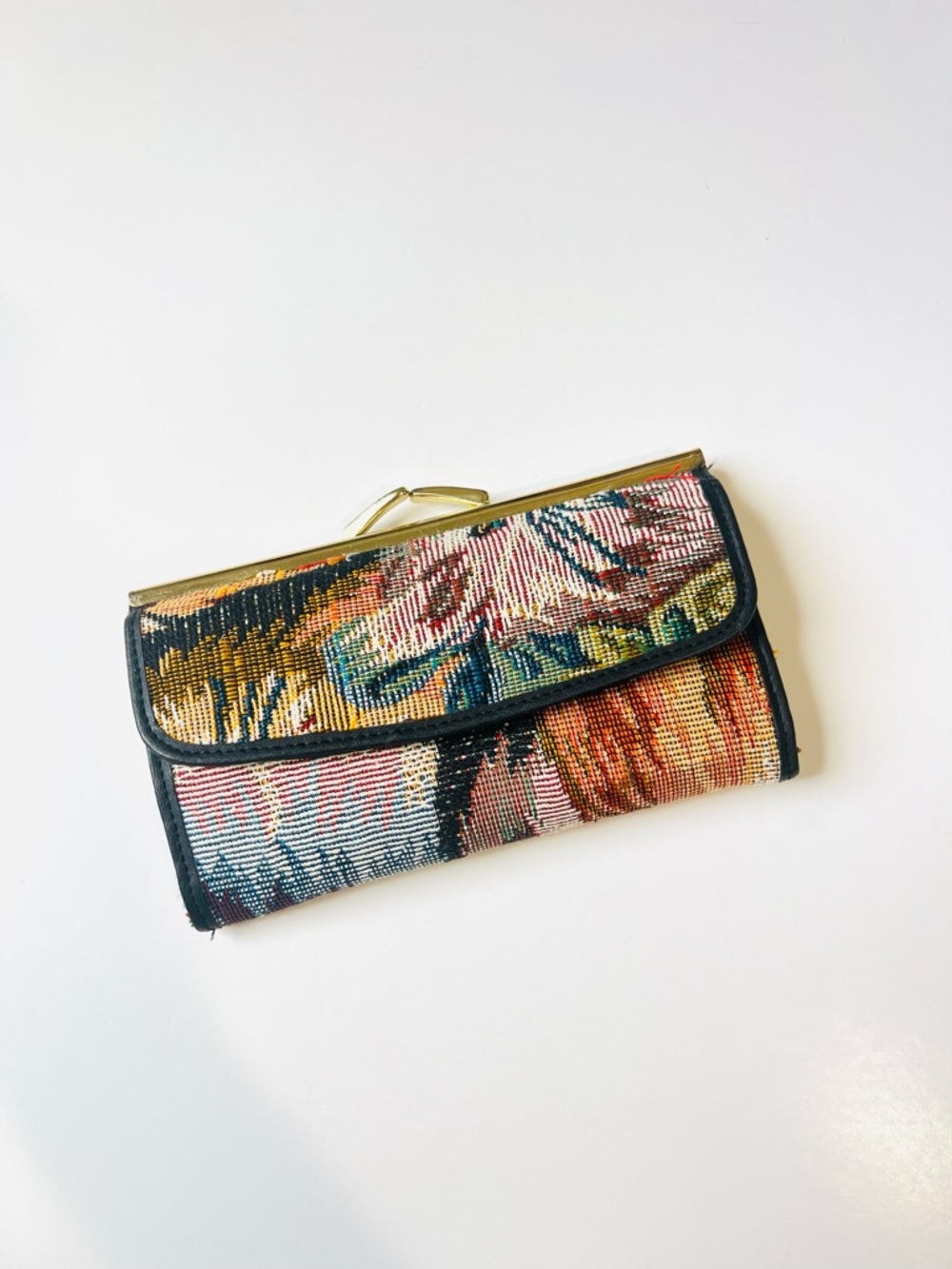 Vintage Floral Cat Tapestry Wallet 90’s Boho Chic Gold Tone Kiss Lock Clutch - Picture 8 of 13